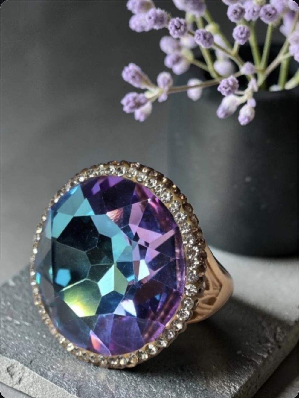 Huge Matte Gold Plated Mermaid Kiss Aurora Borealis AB Crystal Candy Ring